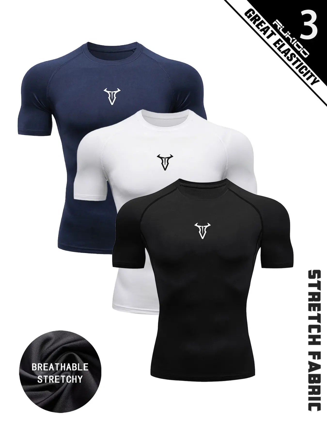 Men's 3-Pack Compression Gym T-Shirts, Workout Clothes, Sports Tee Set, Bull Head Print, Quick-Dry, Breathable High Stretch Fabric, Ideal for Boxing, Running, Cycling, Hiking, Basketball, & Daily Wear, Blue/White/Black