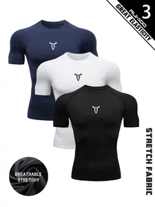 Men’s 3-Pack Compression Gym T-Shirts, Bull Head Print, Quick-Dry, Breathable High Stretch Fabric, Ideal for Boxing, Running, Cycling, Hiking, Basketball, & Daily Wear, Blue/White/Black