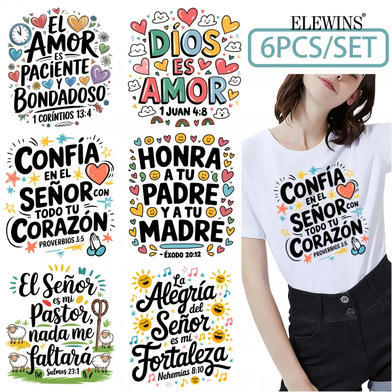 6 Sheets Spanish Bible Verse Heat Transfer Vinyl Patches for DIY Crafts T Shirts Jeans Backpacks Family Clothing Hats Decorative Iron on Stickers Art Confia En El Senor Con Todo Tu Corazon