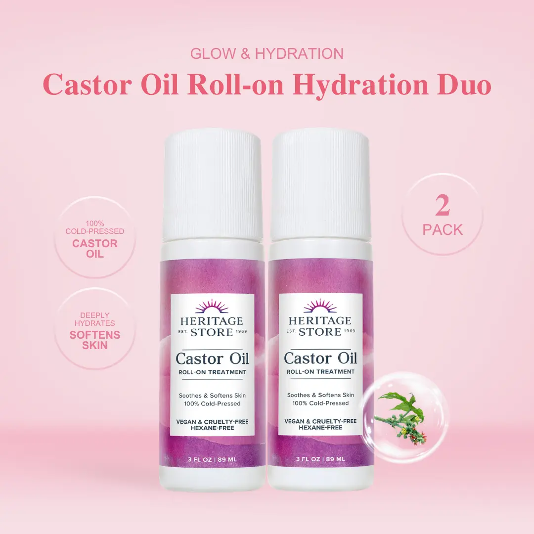 Heritage Store Castor Oil Roll-On 2-Pack - Vegan Hydrating Cosmetics Oil, Beauty & Selfcare Body Care Treatment for Scalp, Brows - Daily Hair Growth Products Routine