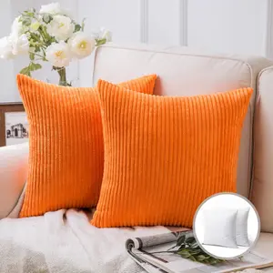 Soft Corduroy Striped Velvet Square Decorative Throw Pillow Cushion For Couch, 20" x 20", Orange, 2 Pack