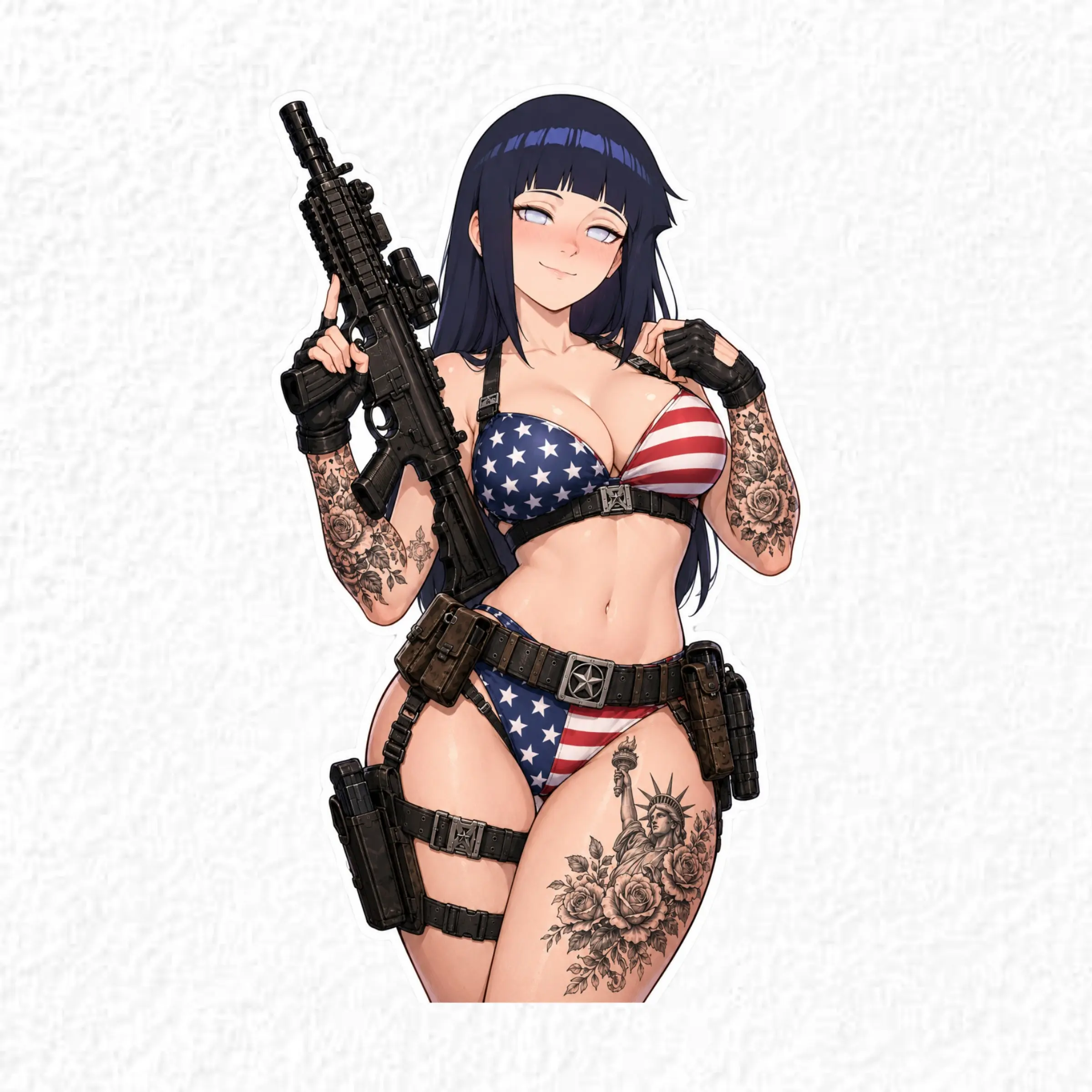 Hinata Patriotic Anime Girl Sticker, USA Flag Tactical Waifu Decal, Liberty Statue Freedom Vinyl Sticker