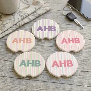 Pastel Stripe Monogram Car Cup Holder Coaster, Personalized Girly Car Accessory, Decorative Car Interior Gift for Women