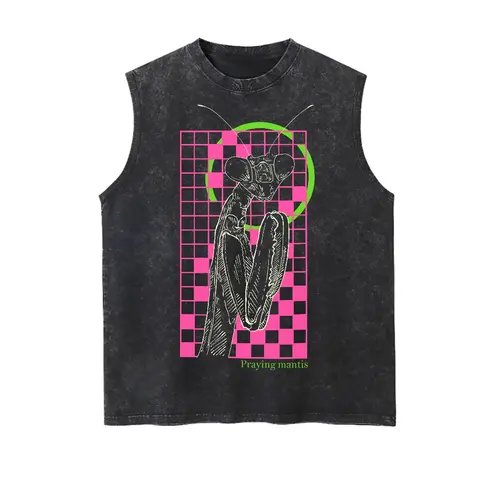 Men's Praying Mantis Print Tank Top - High GSM Soft Distressed Cotton Fabric, Retro Graphic Menswear Vest, Vintage Washed Oversized Drape, Bold Insect Print Casual Grunge Bugcore Streetwear Gift for Insect Lovers