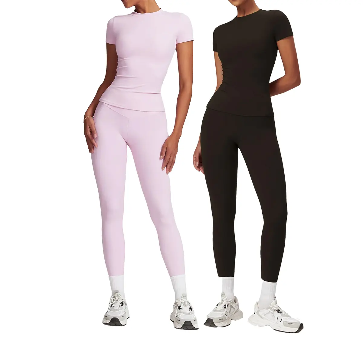 2-Piece Breathable Quick-Drying Crew Neck Short Sleeve T-Shirt & Skinny Leggings Set - Tummy Control Flexible Sportswear for Yoga, Gym, All Seasons, Functional Design