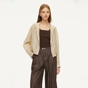 Tencel Acetate Linen Blend Women Zip-Up Hooded Cropped Jacket