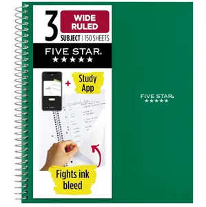Spiral Notebook + Study App, 3 Subject, Wide Ruled Paper, 8" x 10-1/2", 150 Sheets, Fights Ink Bleed, Water Resistant Cover, Forest Green