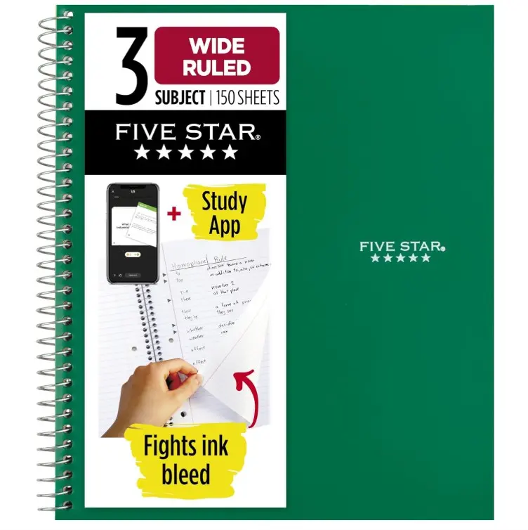 Spiral Notebook + Study App, 3 Subject, Wide Ruled Paper, 8" x 10-1/2", 150 Sheets, Fights Ink Bleed, Water Resistant Cover, Forest Green