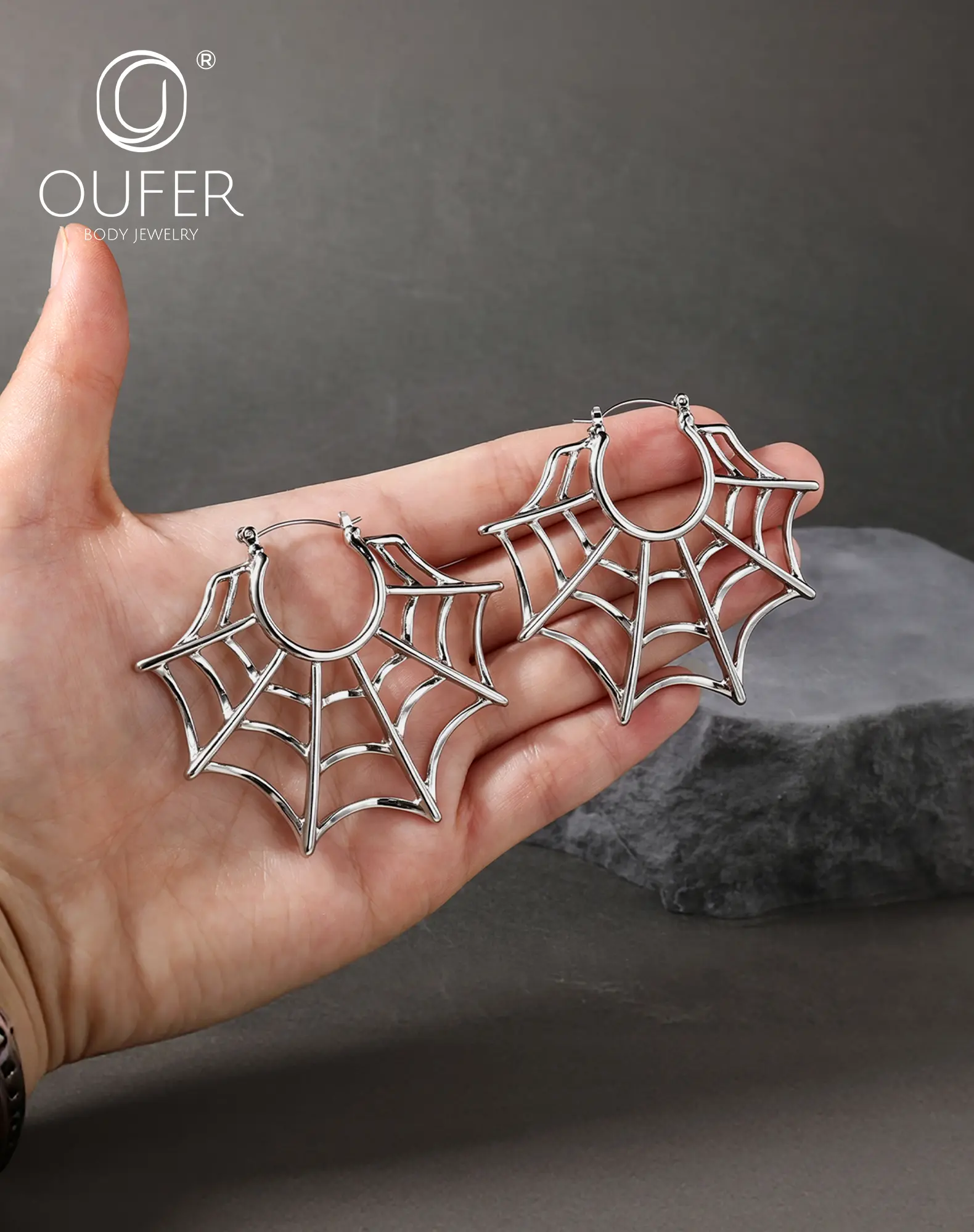 OUFER Spider Web Gothic Spider‑Web Hoop Earrings Stainless Steel Halloween Y2K Punk Ear Jewelry