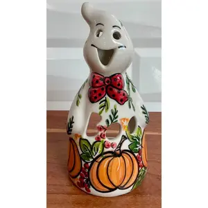 Vena Polish Pottery, Pumpkins with Greenery BOO Ghost Luminary