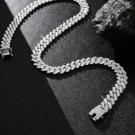 Cuban Link Chain For Men - Iced Out Diamond Necklace | Silver Plated Hip Hop Chains