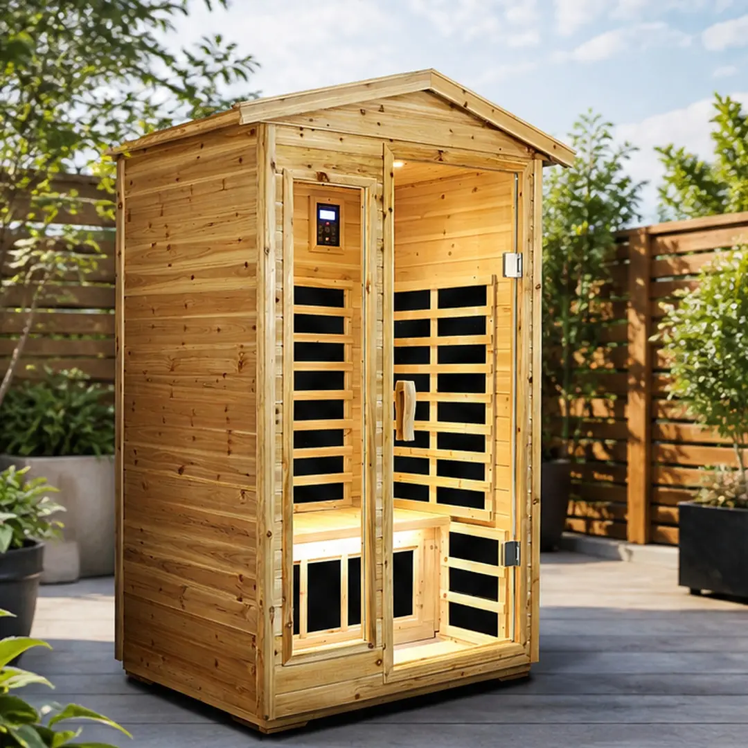 ARCH Two Person Far Infrared Outdoor Sauna Room, Natural Wood, 6 Heating Panels, Bluetooth Audio, LED Reading Light, Touch Control LCD Display, 1750W, 120V, 60Hz, for Home Backyard Garden Patio Deck Relaxation and Detoxification, Color: Natural Wood