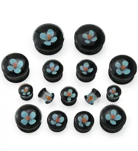 Blue Poppy Flower Black Glass Double Flare Plugs
