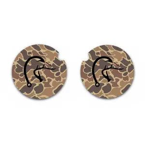 Old School Brown Camo Hook and Wood Duck Car Coasters, Set of Two, Car Cup Holder