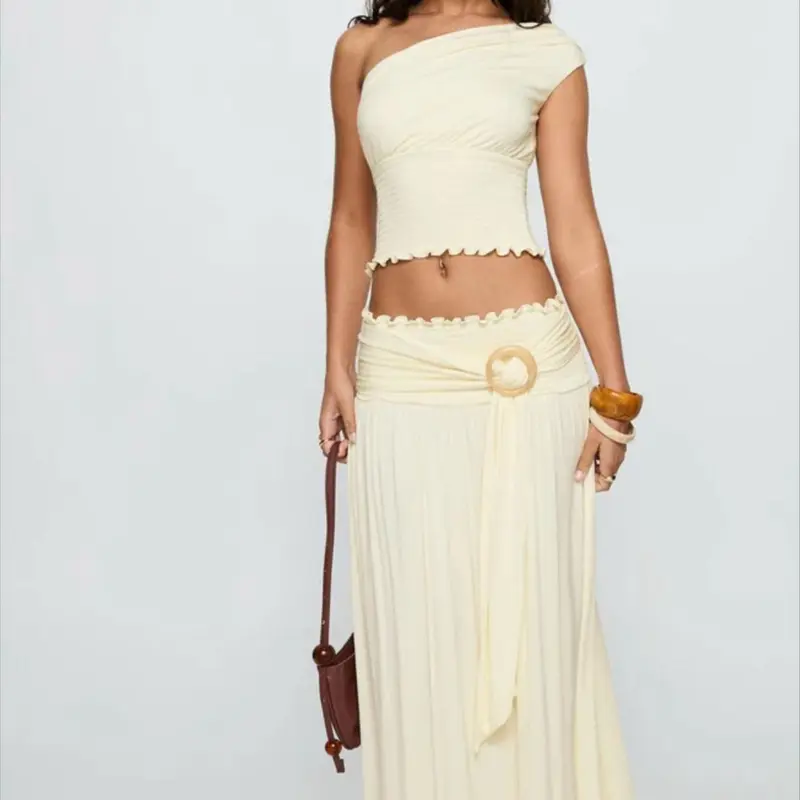 Sunkissed Muse Set - Cream Top & Skirt Ensemble with Unique Belt Detailing and Accessories Makeup