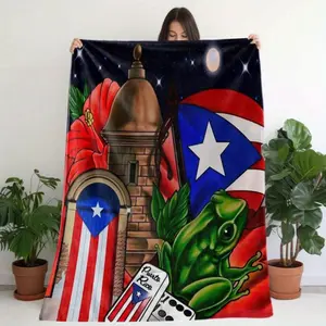 Puerto Rican Frog Theme Flannel Blanket - Soft and Warm All-Season Decorative Shawl, Featuring Bright Puerto Rican Flag, Stars, and Dice Patterns - Comfortable Home Decor, Puerto Rican Culture Art Birthday Gift