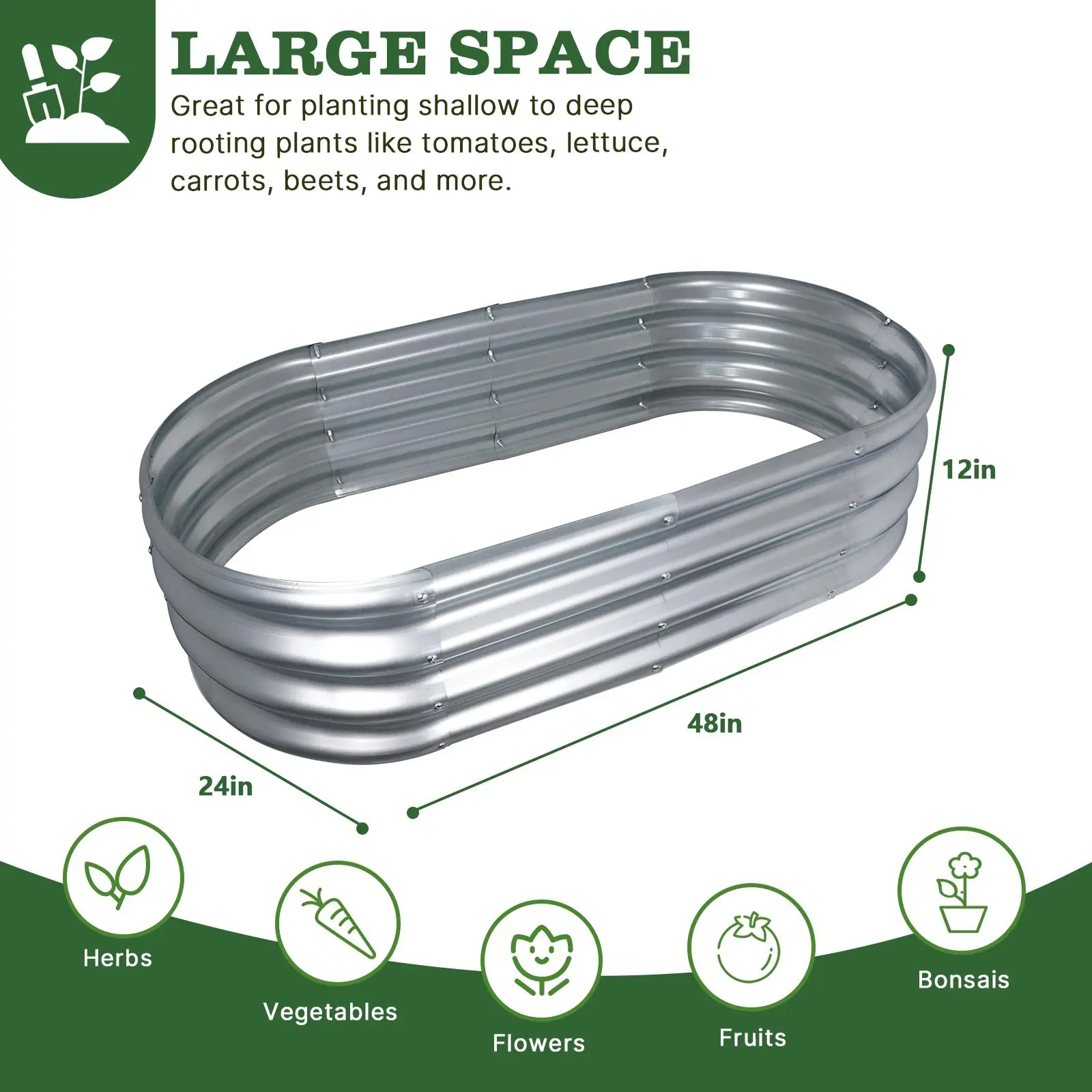4x2x1FT Galvanized Raised Garden Bed Kits, Oval Metal Planter Boxes with Open Bottom, Large Corrugated Steel Garden Bed for Vegetables, Flowers & Herbs, Rustproof & High Stability, Silver Outdoor Pots