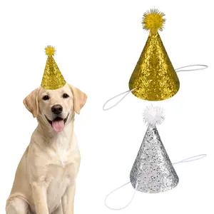 PETAXCELL Dog Birthday Hat Mini Small Dog Hats Cat Birthday Party Hat with Pompons Adjustable Decor Sequins Cute Costume Accessories 2 pcs for Puppies/Kitten/Grooming Charms 2.95 x 4.53 Inch (ID x H)