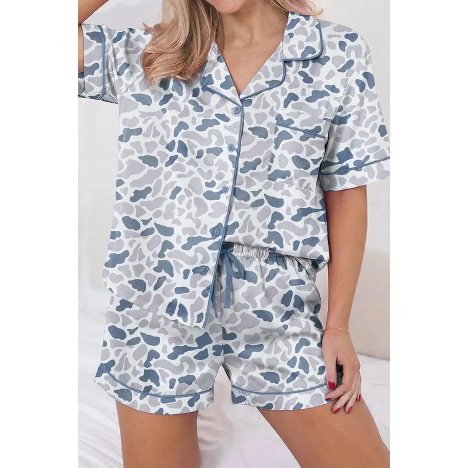 Camouflage Print Lapel Shirt Drawstring 2pcs Short Pajama Set