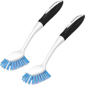 Dish Brush with Handle, 2 Pack Stiff Bristles Dish Scrubber with Built-in Scraper Dish Scrub Brushes for Cleaning Dishes, Pots and Pans, Kitchen Sink
