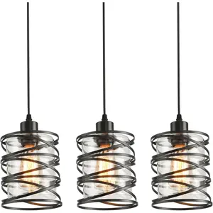 3 Pack Pendant Light Kitchen Island Pendant Lighting, Glass Hanging Light with Spiral Cage Clear Glass Shade, Black Modern Indoor Hanging Lamp