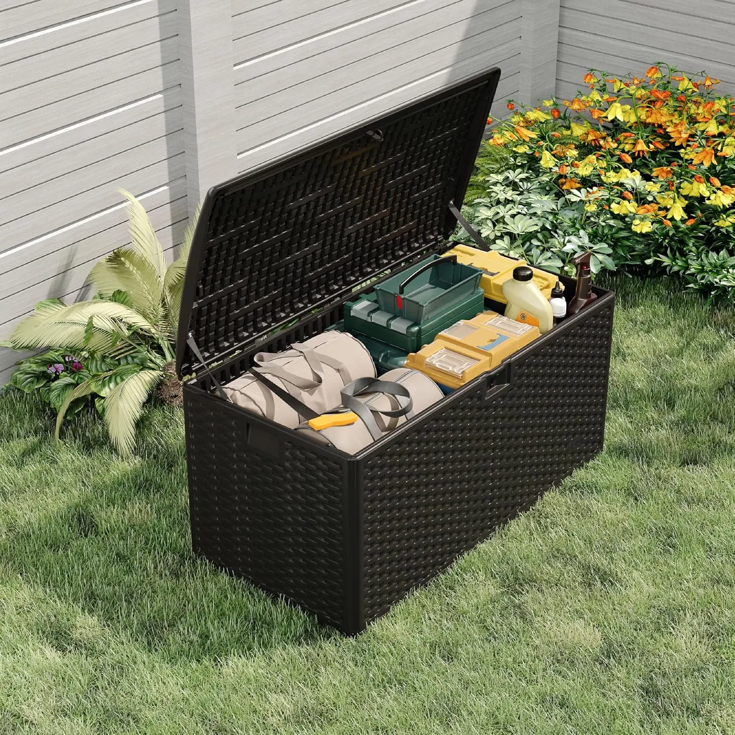 99 Gallon Waterproof Large Resin Deck Box Indoor Outdoor, Lockable Storage Container for Patio Furniture Cushions, Throw Pillows, Garden Tools, and Pool Floats