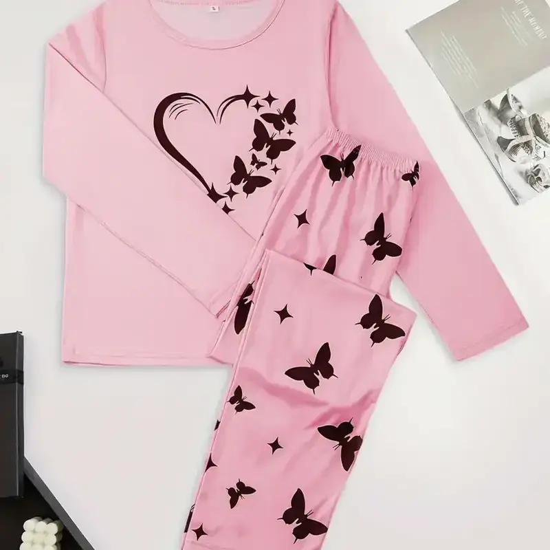 Silky Fiber Pajama Set, 95% Polyester & 5% Elastane Blend, Short Sleeve Round Neck Shorts, Heart Butterfly Patterns, Spring Summer Fall Wear, Loungewear