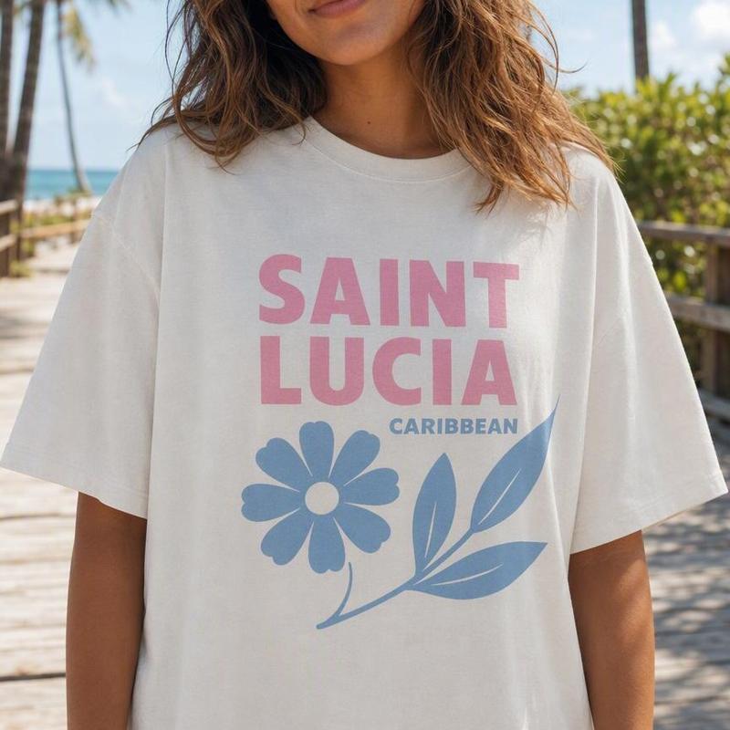 Women's 100% Cotton Short-Sleeve Round Neck Drop Shoulder Loose-Fit Tshirt - Saint Lucia Caribbean Retro Floral Tropical Vacation Wear