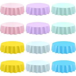 12 count Round Easter Tablecloths, Plastic Pastel Color Table Cloths Plastic Disposable Tablecloth Pastel Table Cover for Spring Easter Birthday  Shower Wedding Girls Birthday Party Decorations