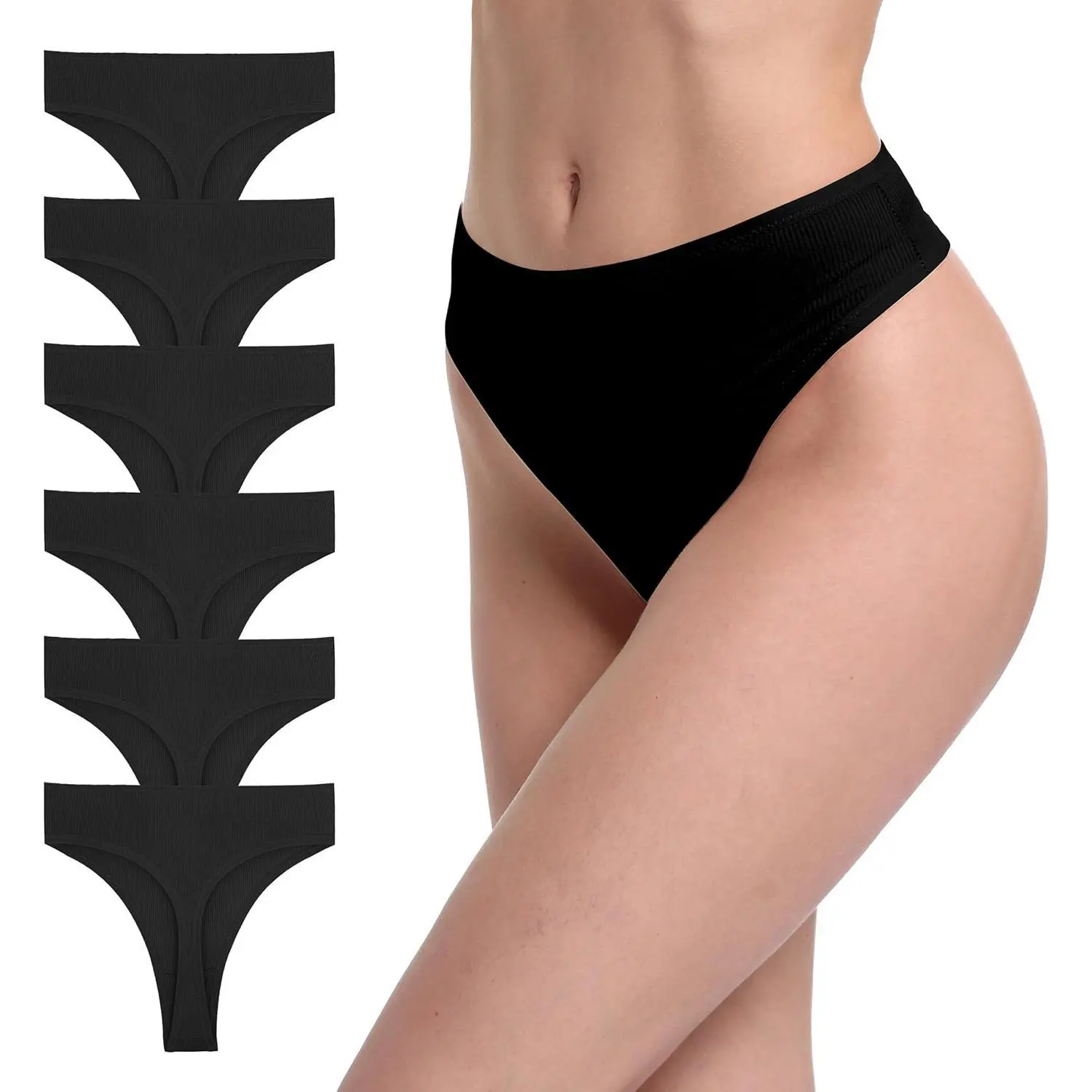 Women's High-Waist Ribbed Cotton Blend Thongs, 6-Pack Lady's Basic Solid Underwear with Elastane, Soft Stretchy Waist Reduction Plus Size Panties, Pull-On Seamless Design, Cold Wash Friendly