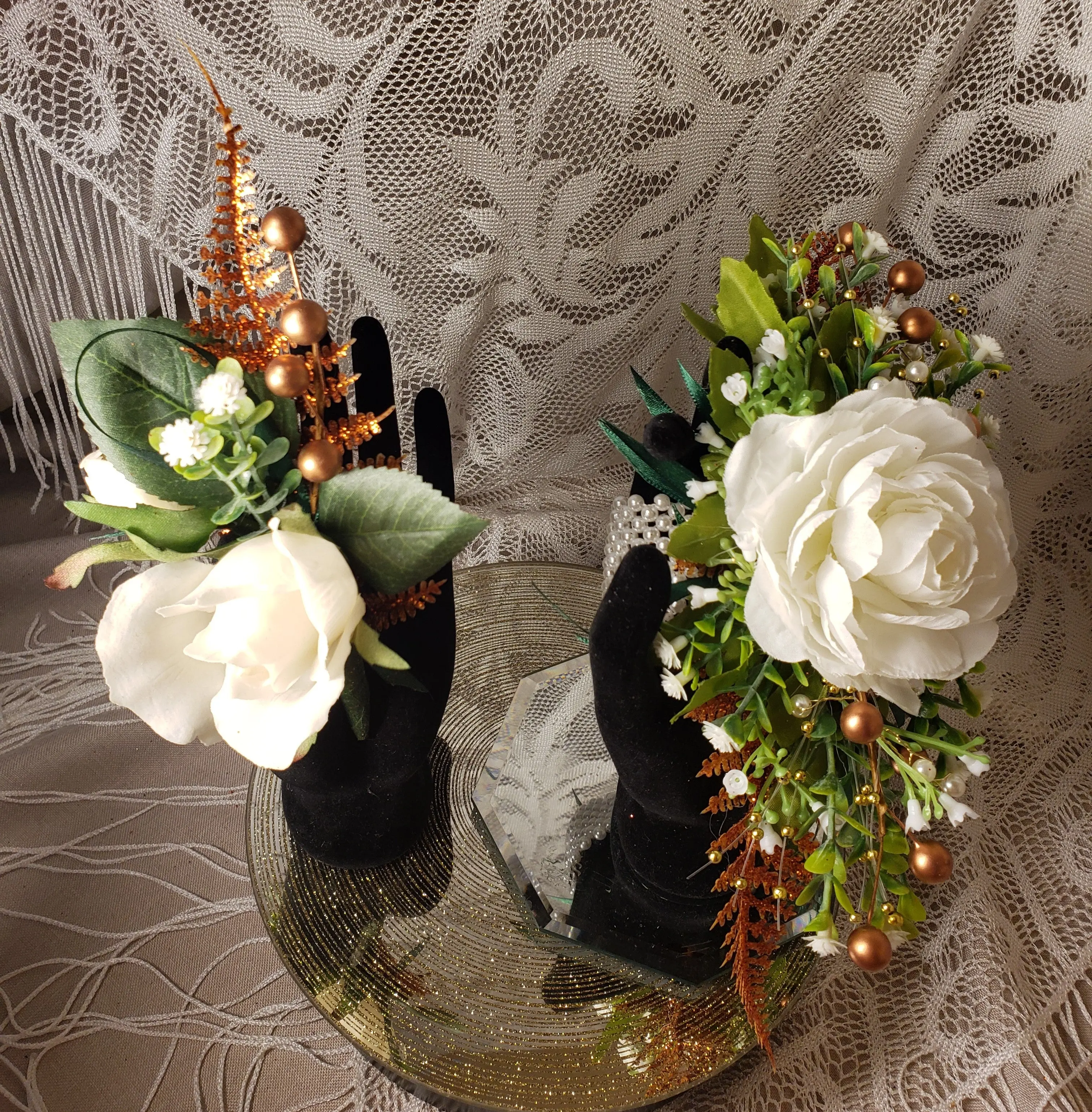Copper / Green Boutonniere & Wrist Corsage Set