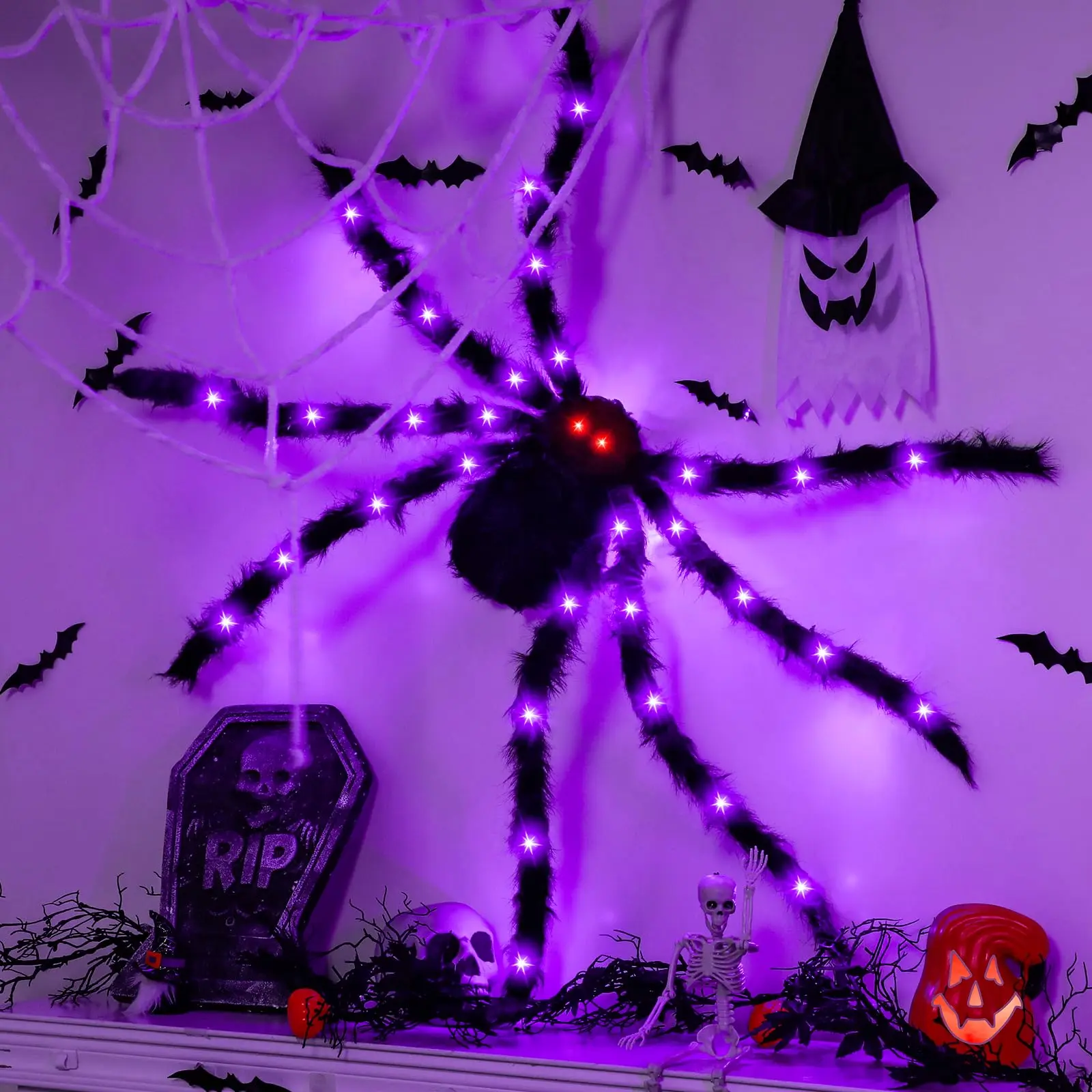 4.9Ft Giant Fake Spider Halloween Decoration, 38LED Light-Up Black Hairy Spider with Red Lighted Eyes, Battery-Operated Realistic Scary Decor for Outdoor Yd, Haunted House, Indoor Use