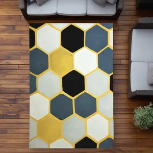 Begin Home Decor C1ROAR57UQQF99 5 x 7 ft. Blue Cells Gold Shapes Outdoor Area Rug for Home Decor - Rectangle, Weatherproof