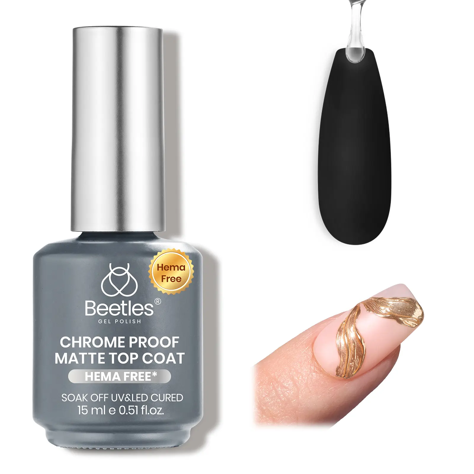 beetles Gel Polish HEMA-Free Matte Top Coat, No Wipe & Chrome Proof Formula for a Smooth Velvet Finish, Long-Lasting UV Nail Polish for DIY Manicure
