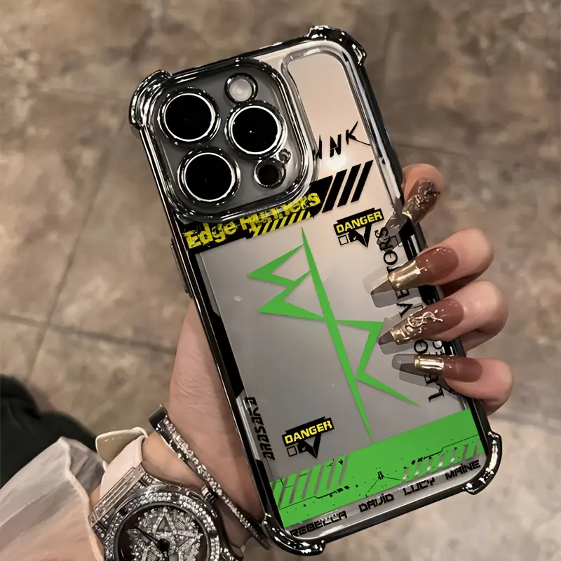Cyberpunk Frame Pattern TPU Multi-Model Smartphone Case - Electroplated, Shockproof, Transparent Soft Cover for iPhone 16,15,14,13,12,11 Pro Max,X,XR,XS Max,8,7 Plus - Mobile Phone Accessory
