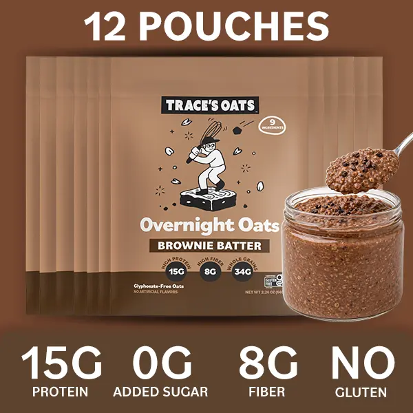 Trace's Oats Fudgy Chocolate Brownie Batter Oatmeal, 12-pack Ready, 15g Protein, 0g Added Sugar, Gluten-Free, Glyphosate-Free High Protein Breakfast