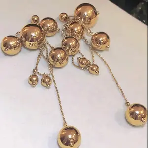 Long Tasseled Spherical Earrings with Gold Finish and Dangling Beads for Elegant Style