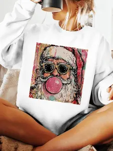 Santa Claus Print Plus Size Sweatshirt, Round Neck Casual Sportswear, Winter & Fall Women's Clothing, Fitted Style