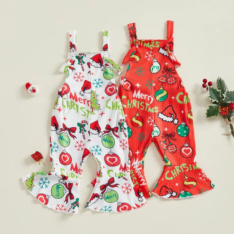 FOCUSNORM Kids Toddler Baby Girls Christmas Outfit Bow Ball Print Romper Sleeveless Jumpsuit Overalls Bell Bottom Pants Clothes