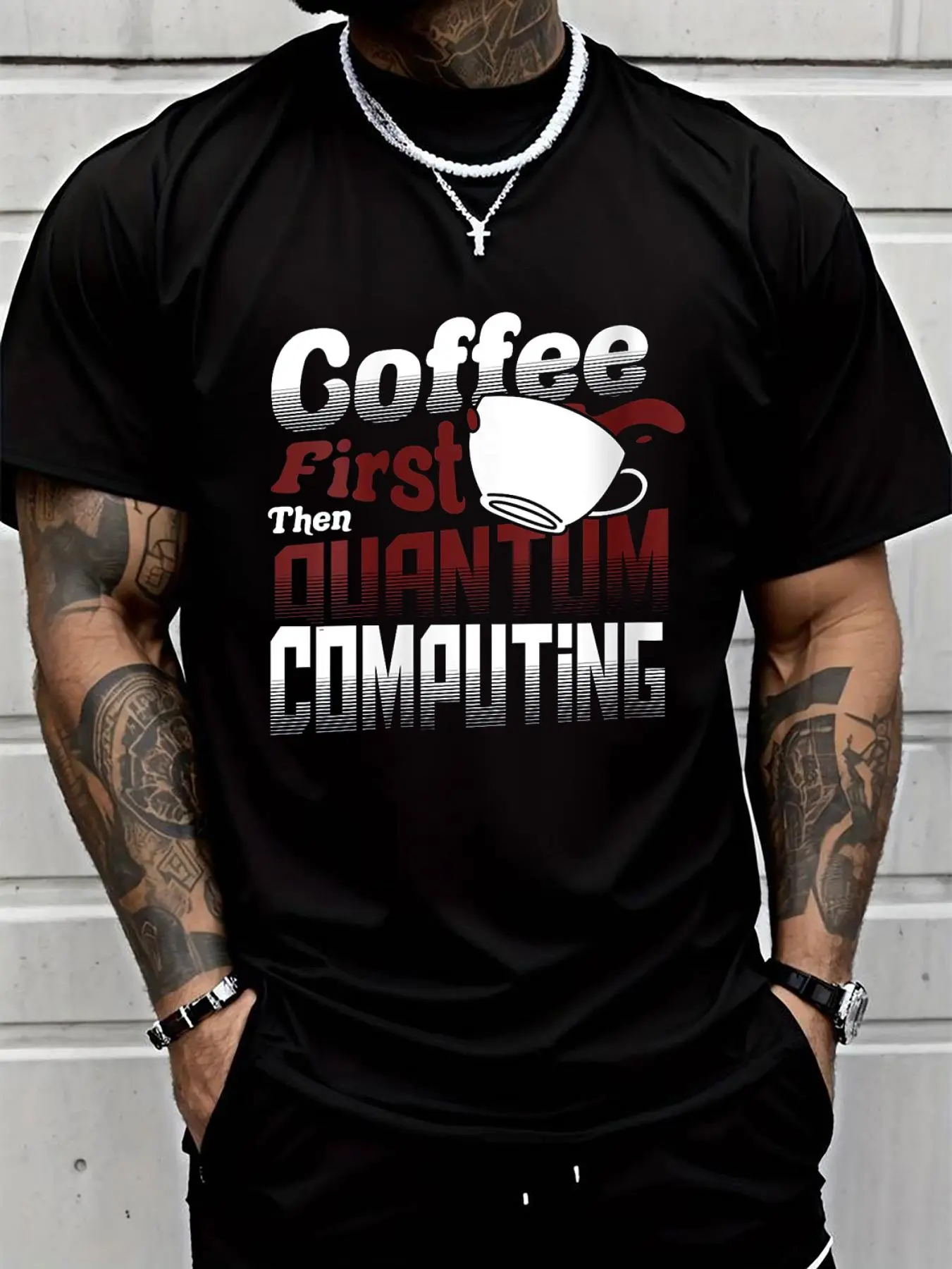 100% cotton Mens Quantum Computing Physics Scientific Math Coffee Scientist o-neck T-Shirt Men Graphic T-Shirt Cotton Print short Sleeve Casual Top, Summer Tee Mens Tops