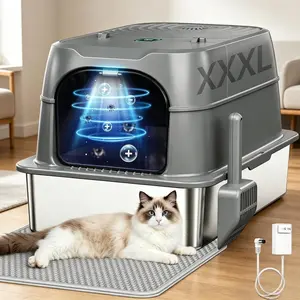 Smart Odor Control Stainless Steel Cat Litter Box Extra Large 60L Enclosed with  Auto Pause Sensor, Plasma Sterilization ,180° Flip Lid for Leak-proof Design Easy Cleaning,High Walls,Mat & Scoop for Big Fat Multiple senior Cats Essentials SummerVibes