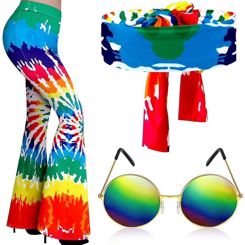 3 Pcs 60s 70s Outfit for Women Hippie Costume Set Disco Flared Pants Groovy Outfit Party Accessories Clothes Womenswear Dress Floral Headband Matching