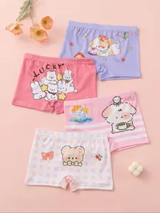 4 Pack Cute Cartoon Animal Girls' Underwear, Printed Panties, Soft Comfortable, Suitable for Casual Sports All Seasons, Adorable Bear Dog Patterns