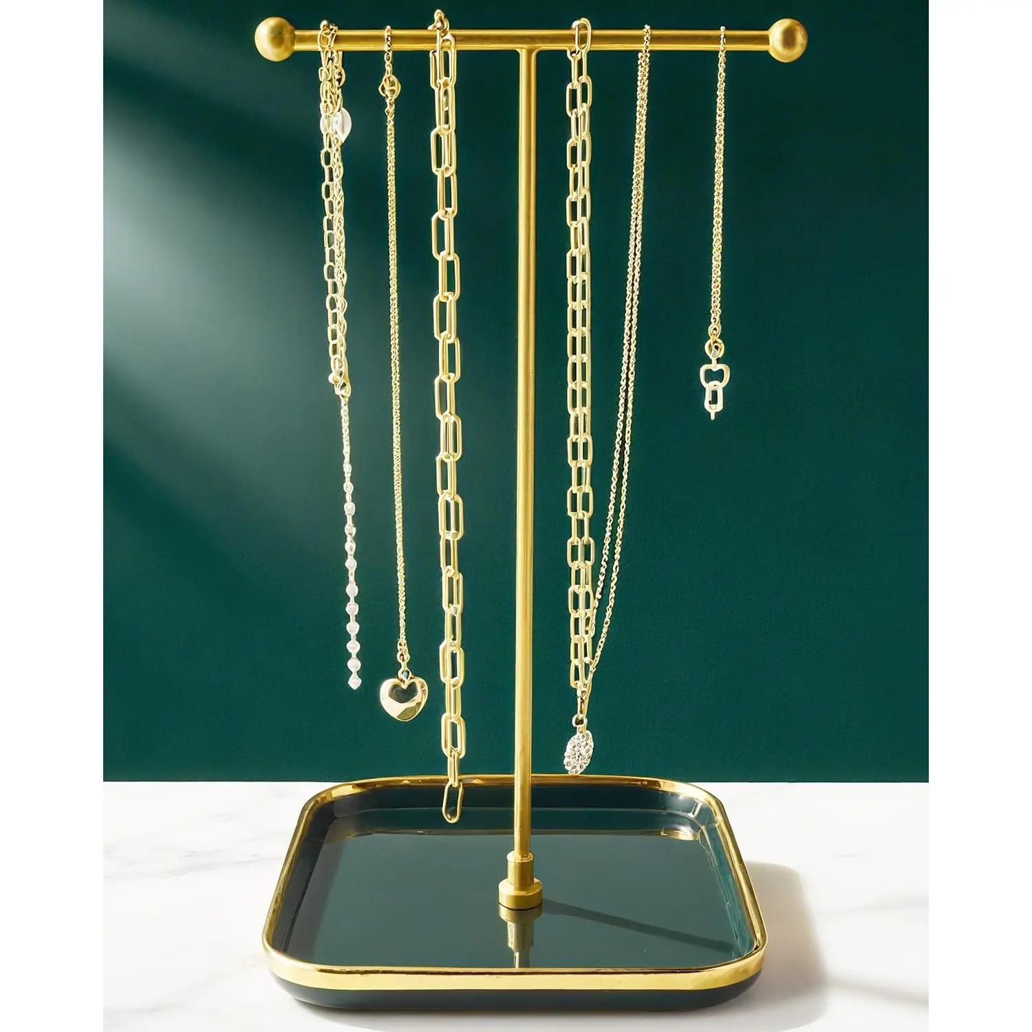 Ceramic Base Necklace Holder - 1ft Height Minimalist Modern Organizer Stand, Aesthetic Hanger for Necklaces, Bracelets, Rings, Elegant Green Home Organizer