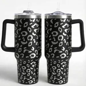 Leopard Print 40oz Laser Etched Stainless Steel Tumbler, Insulated Travel Cup with Handle & Straw Lid