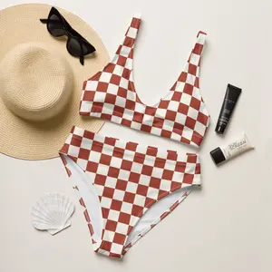 70s Groovy Maroon Checkered Bikini Set  Retro Hippie Crop Top Bikini  Vintage High Waisted Swim Suit  Checker Bikini Swim Suit