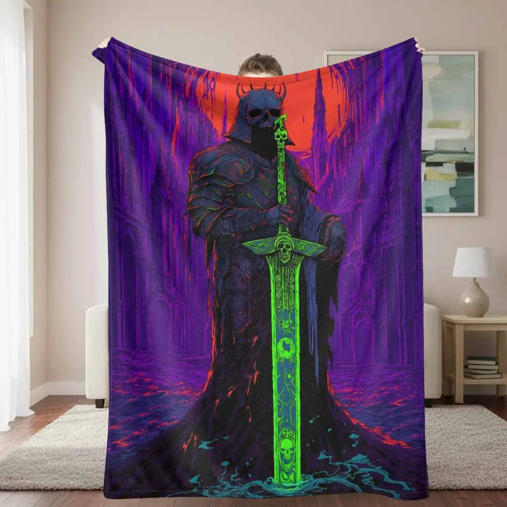 Dark Knight Flannel Throw Blanket, Gothic Alt Style Skull Blanket with Neon Skull, Sword & Gothic Cathedral Print, Soft Warm Lightweight Cozy for Sofa Bed, Halloween Movie Night Decor Gift, Gothic Alt Style Blankets, Skull Blankets