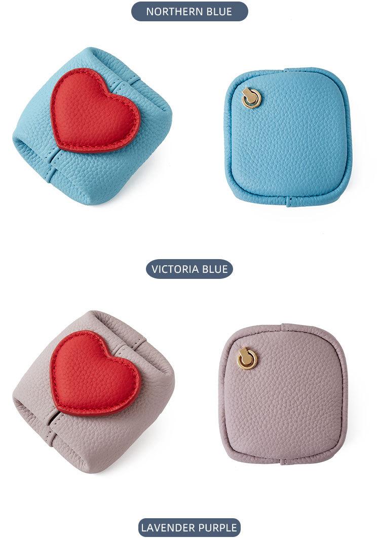 Mini Lychee Pattern Cowhide Heart Coin Purse, Solid Color Buckle Key & Earphone Storage Bag, Color-Block Leather Change & Jewelry Pouch for Daily Use
