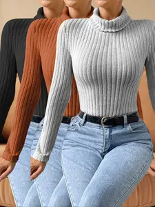 Women's Elegant High Neck Long Sleeve Slim Fit Thermal Knit Top Set, Fall & Winter Plain Kint Fabric Three-Piece for Women