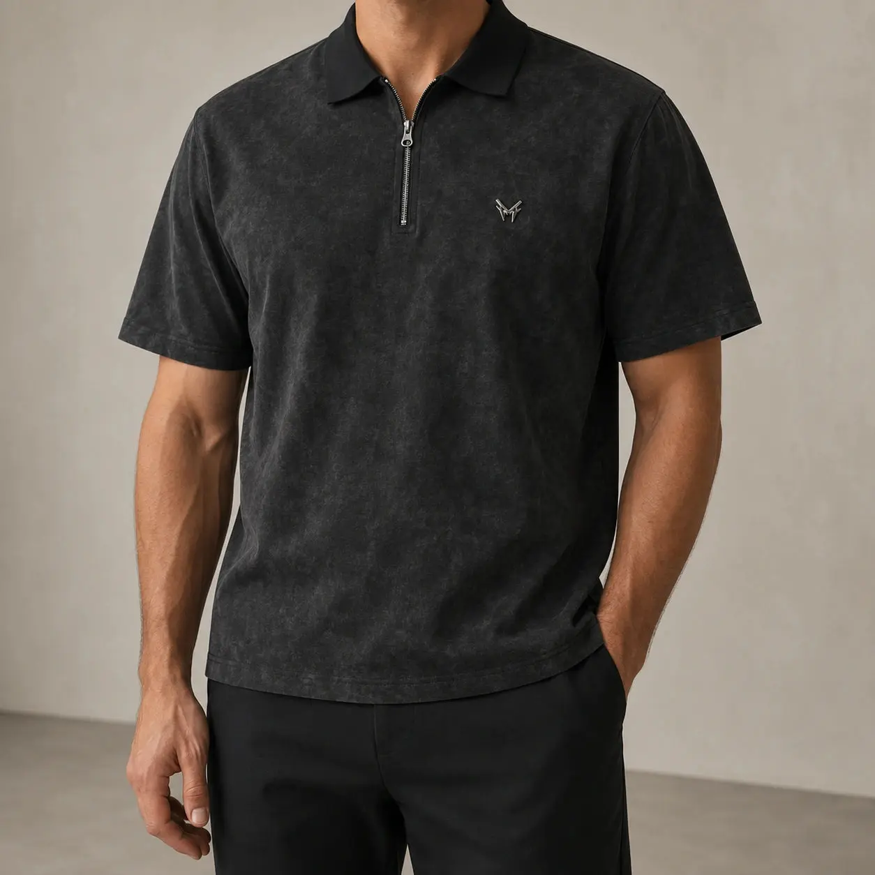MARKFAST Vintage Wash Zip-Collar Relaxed Fit Short Sleeve Cotton Polo Shirt